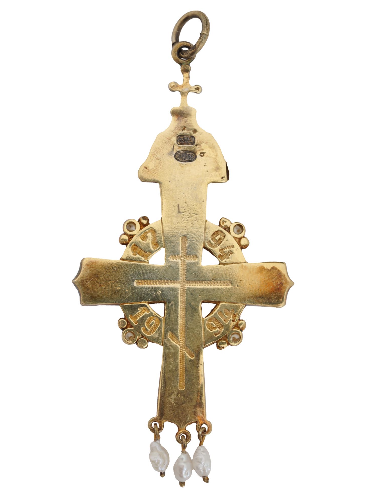 RUSSIAN SILVER ENAMEL CROSS PENDANT WITH PEARLS PIC-1